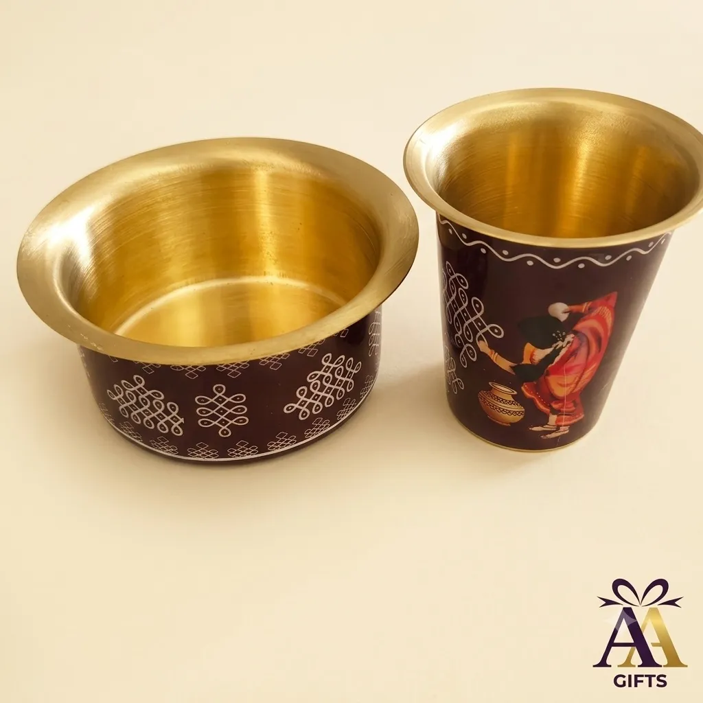 Maroon and gold enamel brass kolam pooja set for luxury wedding return gifts