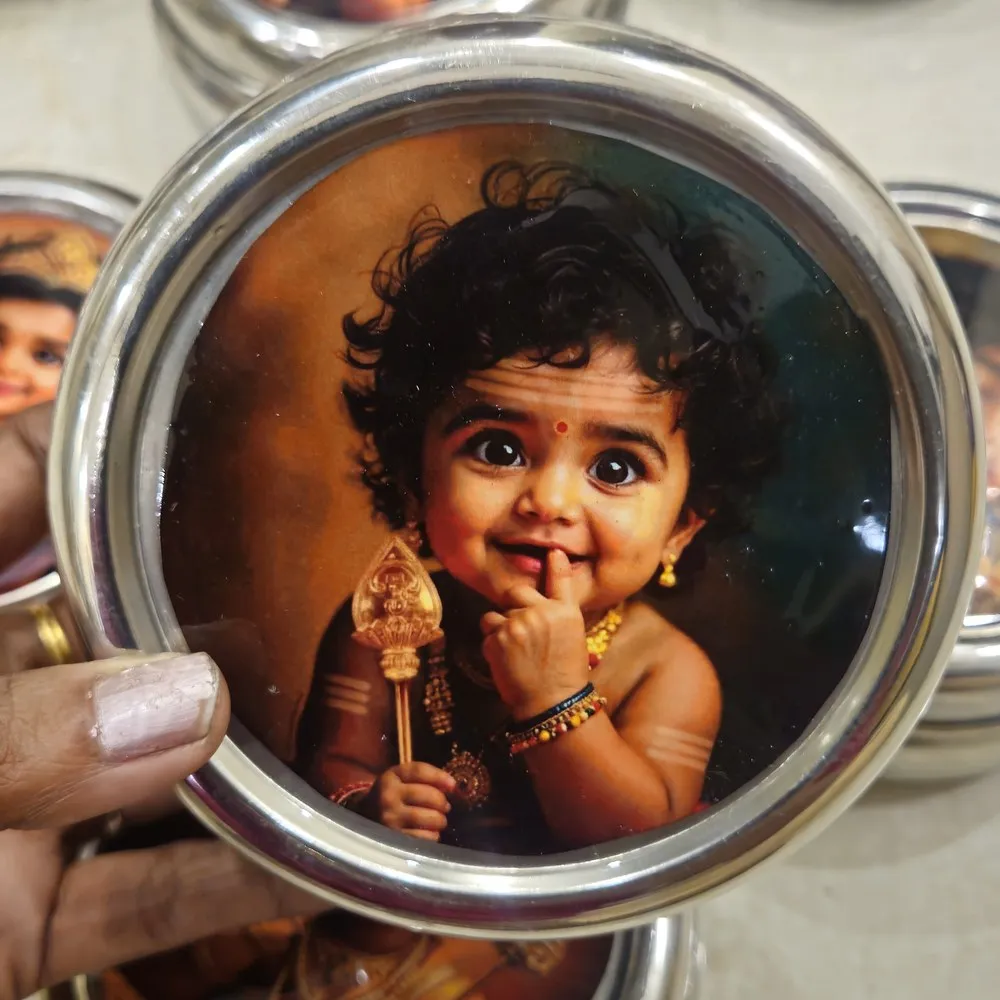 Lord Murugan printed stainless steel prasadam storage box for religious events
