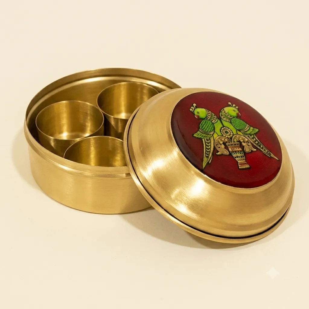 Artisanal brass enamel masala box with parrot handle for luxury gifting