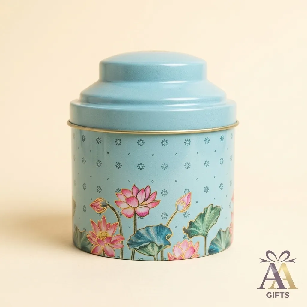 Pastel blue lotus motif metal tin jar for baby shower return gifts