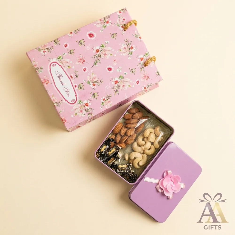 Pastel Floral Tin Dry Fruit Hamper with Matching Gift Bag return gifts Chennai