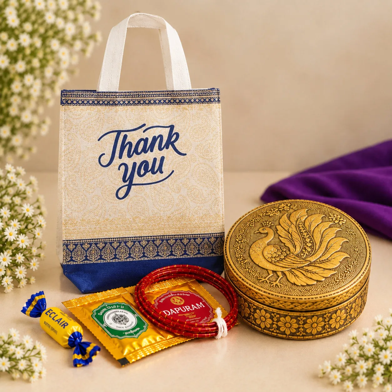 Peacock Brass Box Return Gift Combo for weddings, pooja favors, baby showers and festive gifting