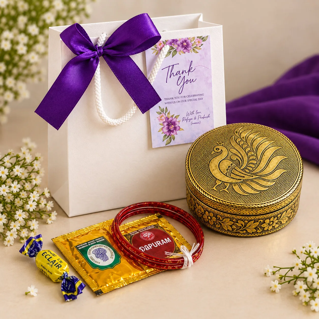 Peacock Brass Utility Box Combo for weddings, pooja favors, baby showers and festive gifting