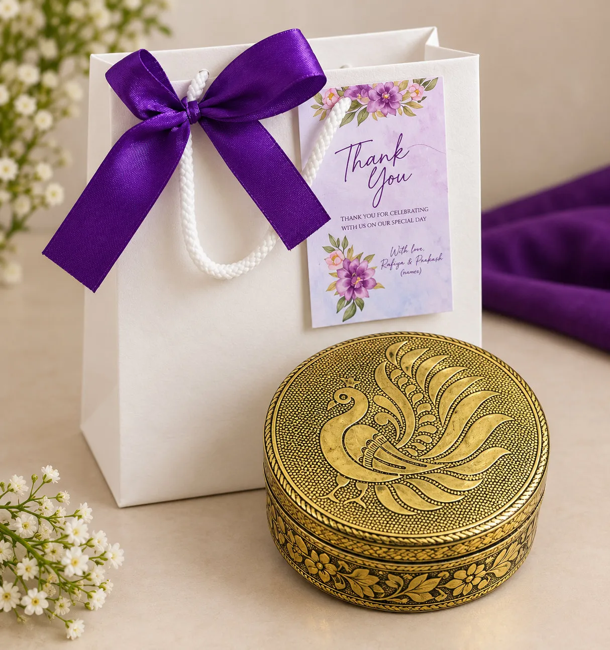 Peacock Embossed Brass Utility Box for weddings, pooja favors, baby showers and festive gifting