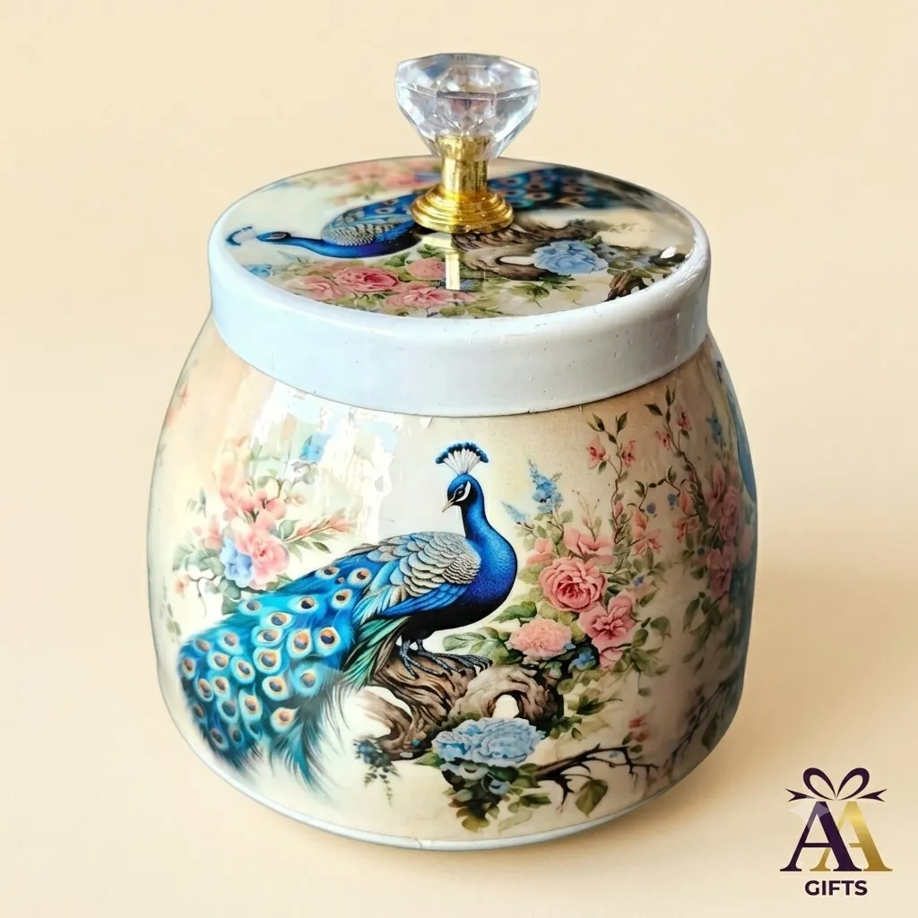 Peacock and floral artwork decorative metal jar for wedding sweet hampers
