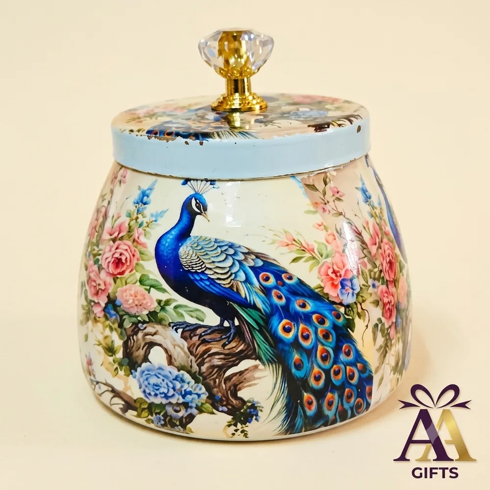 Decorative peacock floral enamel storage jar with sparkling crystal knob return gift Chennai