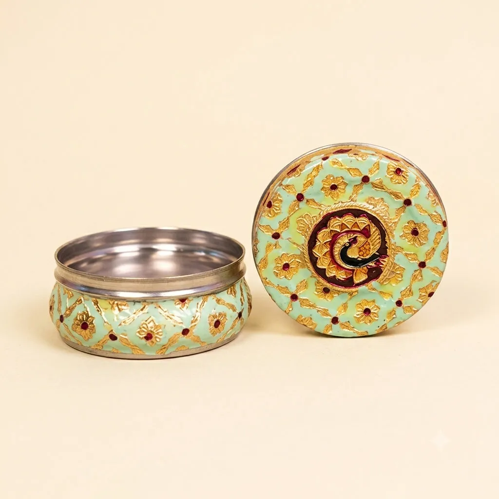 Peacock Green Painted Metal Container for weddings, pooja favors, baby showers and festive gifting