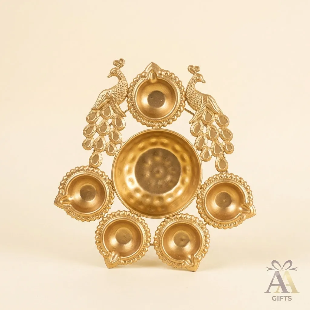 Peacock Metal Five Diya Tray for weddings, pooja favors, baby showers and festive gifting