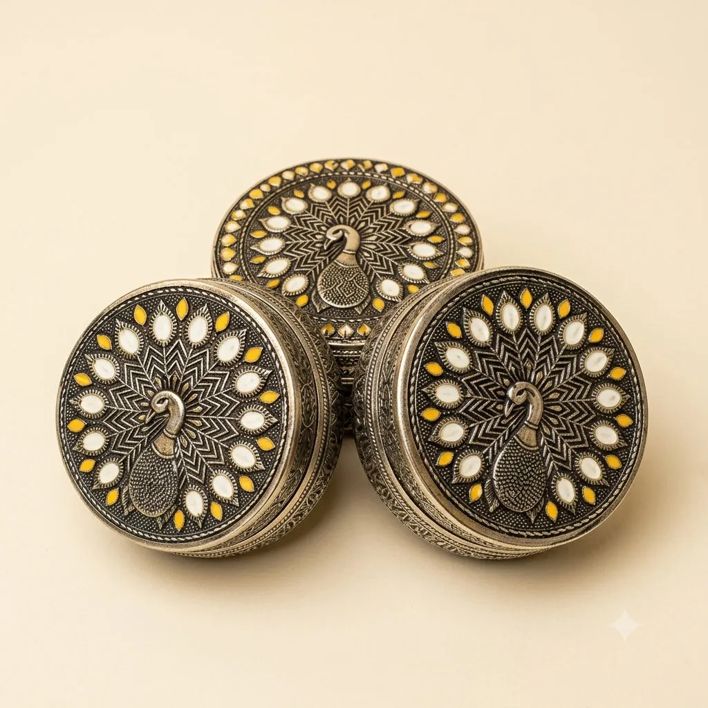 Peacock Motif Metal Return Gift Box for weddings, pooja favors, baby showers and festive gifting