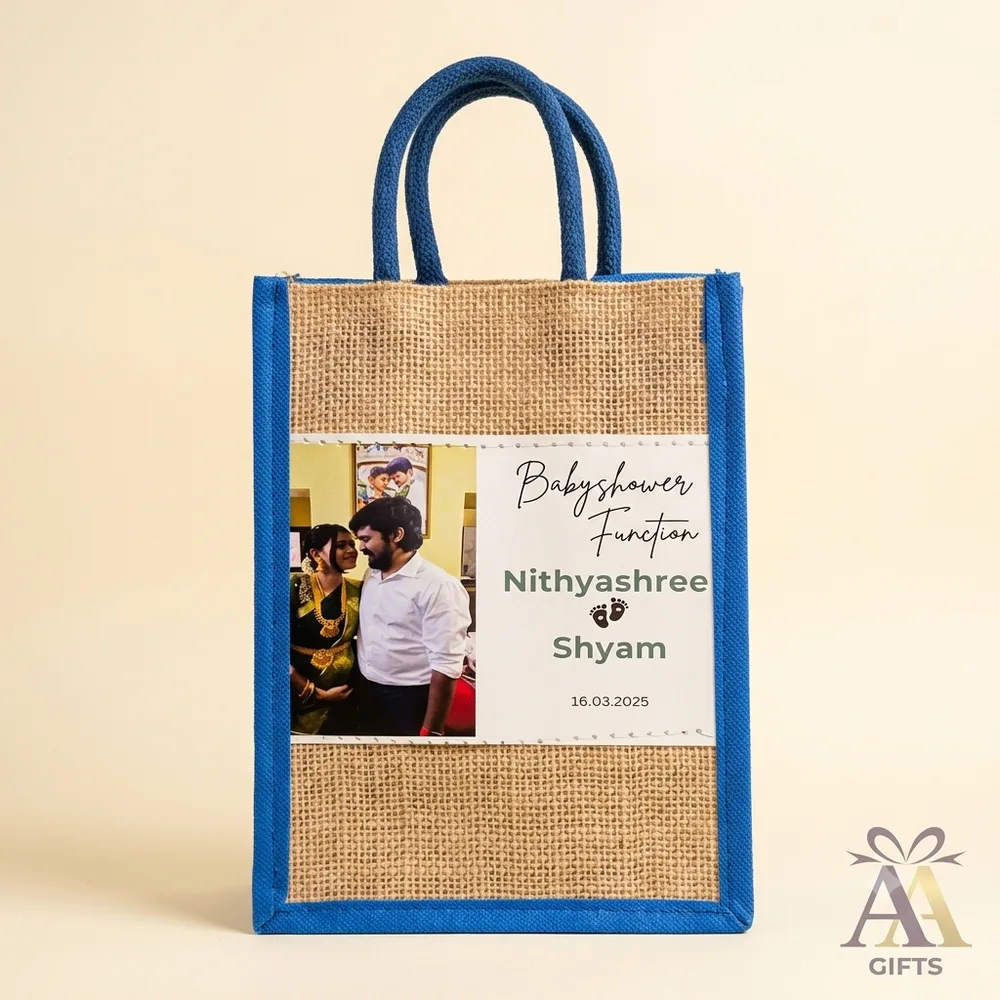 Personalized Baby Shower Photo Jute Bag with Blue Border return gifts Chennai