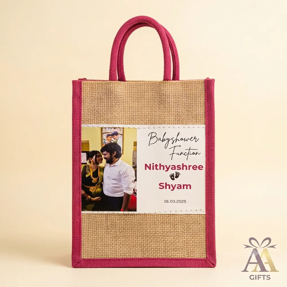 Personalized Baby Shower Photo Jute Bag with Pink Border return gifts Chennai