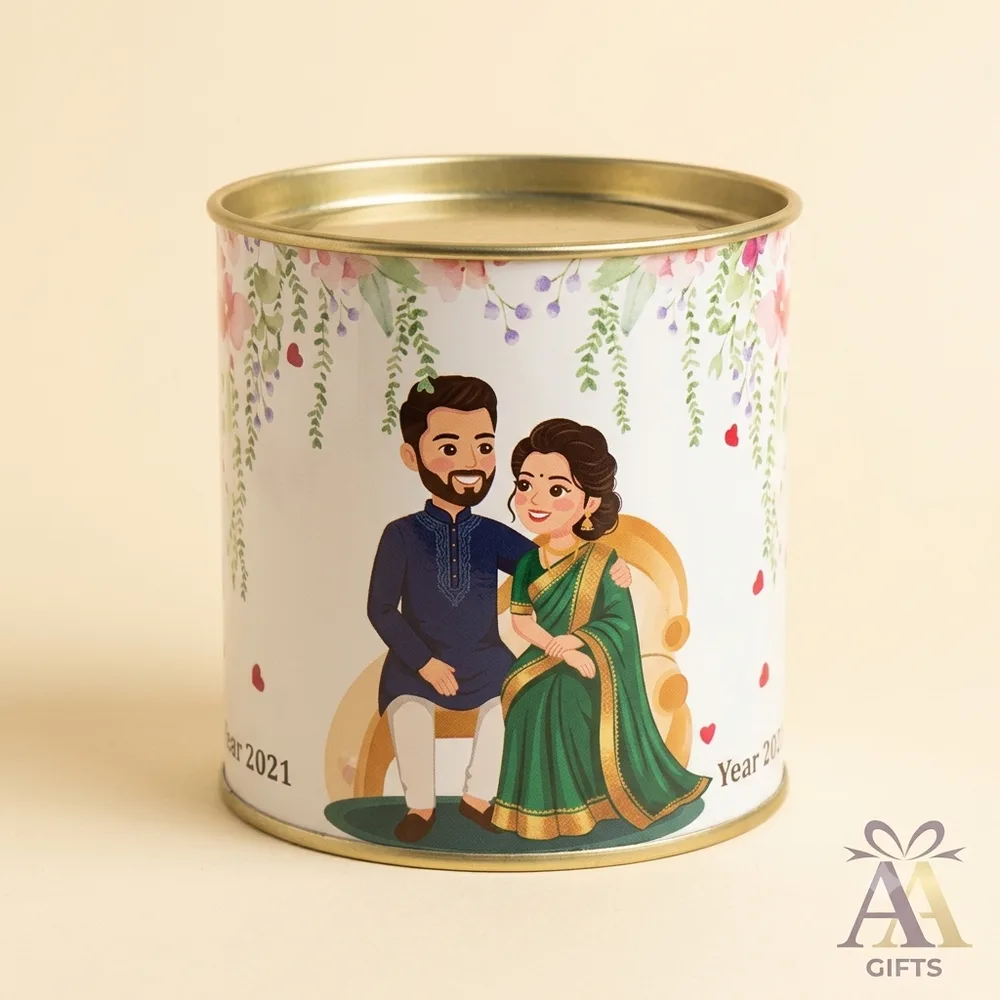 Personalized Couple Caricature Metal Piggy Bank Coin Box return gifts Chennai