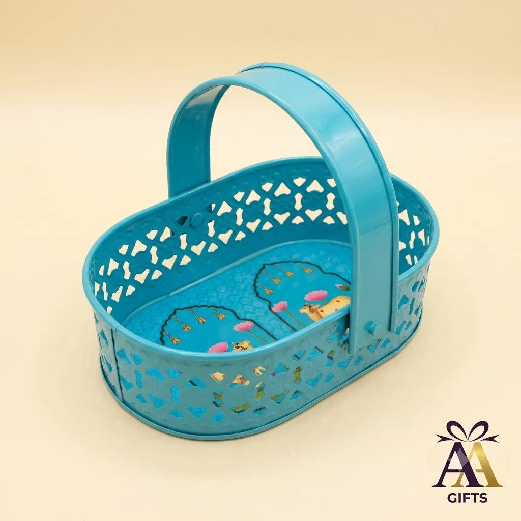 Pichwai art open metal hamper basket for wedding gift presentations