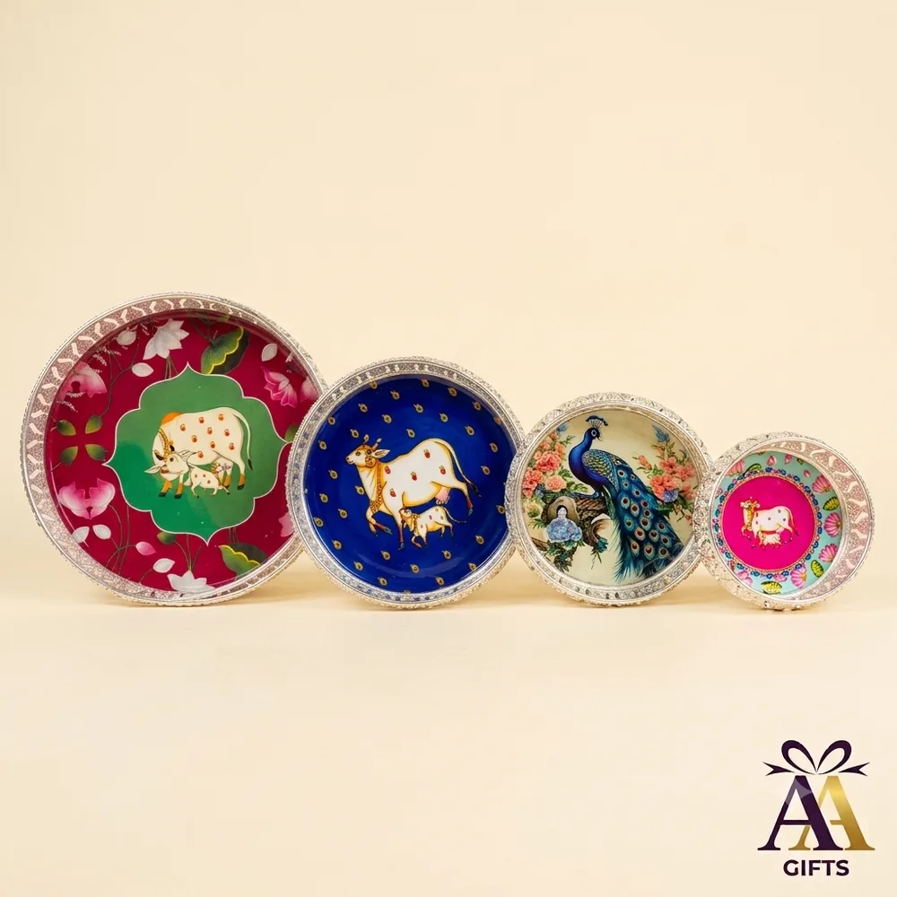Pichwai cow and peacock silver border decorative pooja plates set return gift Chennai
