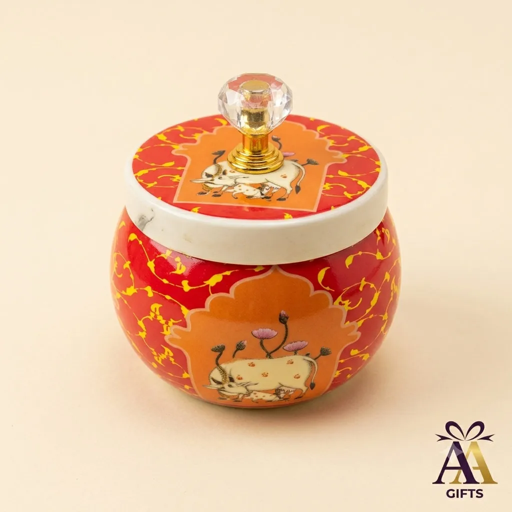 Pichwai Cow Printed Decorative Jar for weddings, pooja favors, baby showers and festive gifting