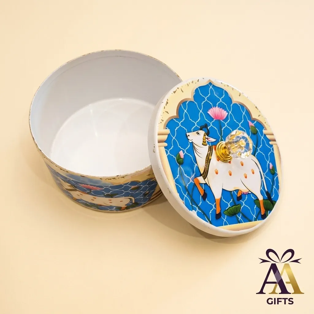Round metal gift box featuring sacred Pichwai cow art for pooja return gifts