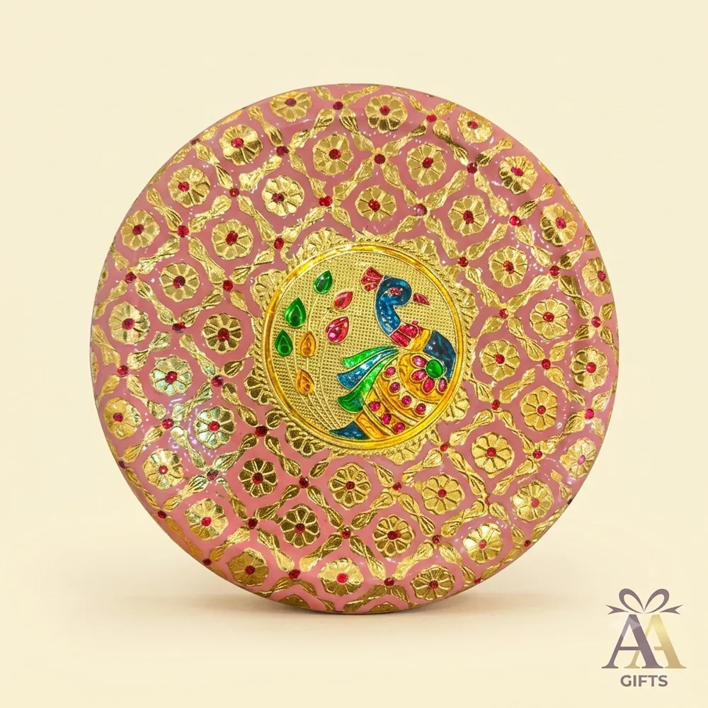 Pink and gold embossed peacock meenakari round keepsake storage box return gift Chennai