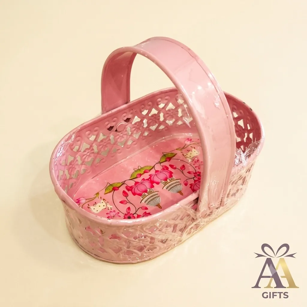 Pink lotus shaped metal hamper basket for festive fruit and gift arrangements