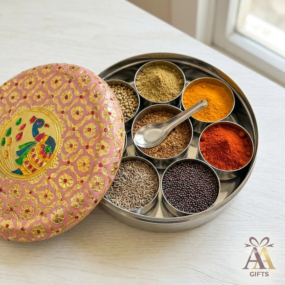 Pink embossed peacock meenakari stainless steel spice box with 7 containers and spoon Chennai