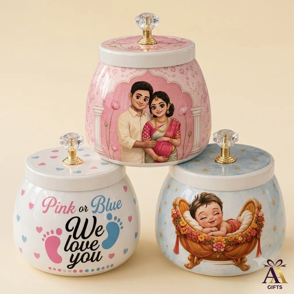 Seemantham printed metal storage jars set for baby shower return gifts