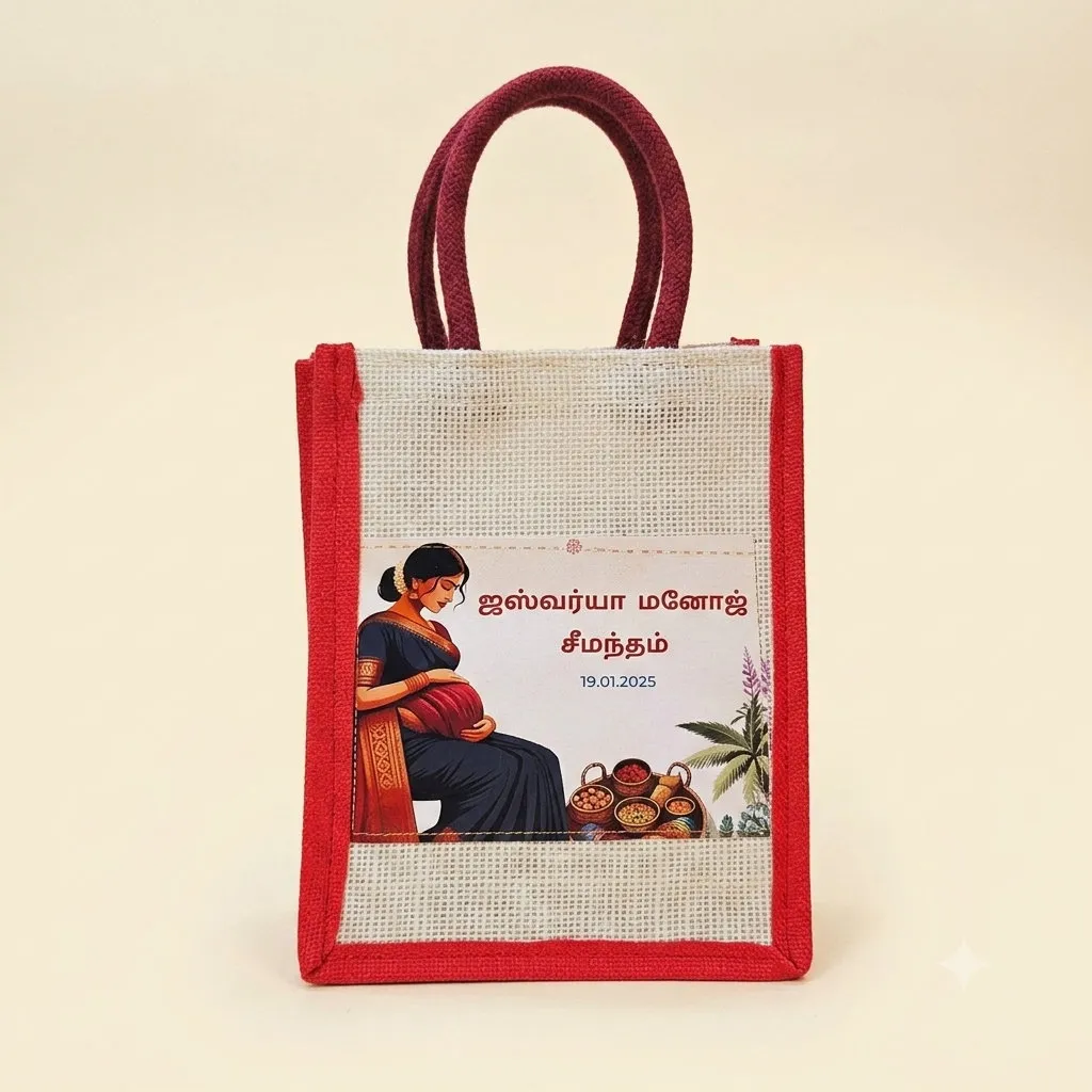 Printed Jute Seemantham Gift Bag for weddings, pooja favors, baby showers and festive gifting