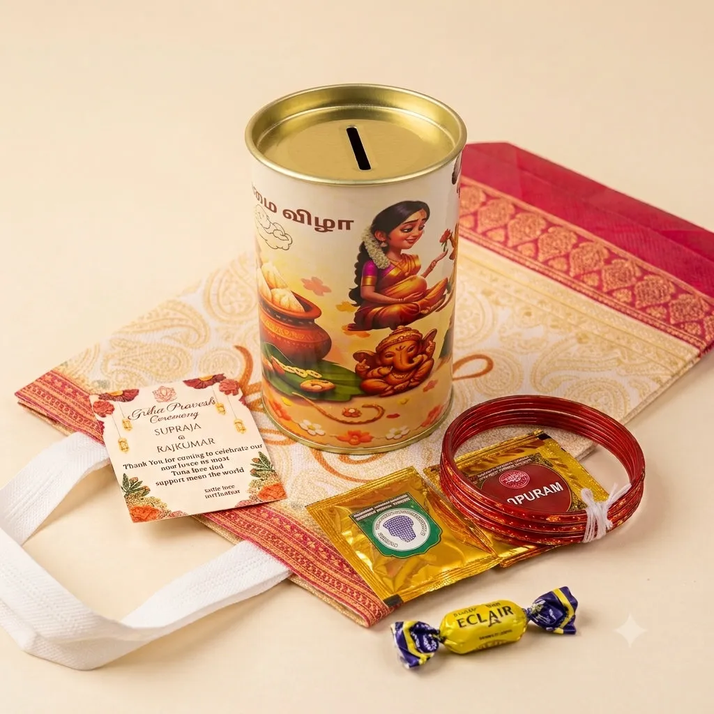 Printed Metal Coin Bank Set for weddings, pooja favors, baby showers and festive gifting