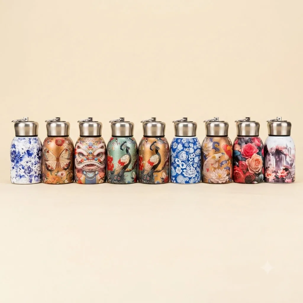 Printed Mini Steel Water Bottle for weddings, pooja favors, baby showers and festive gifting