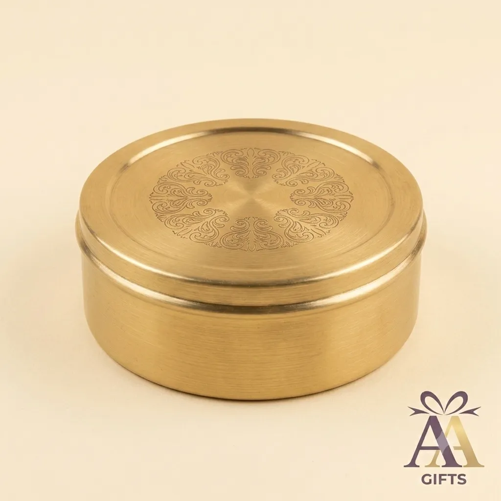 Decorative printed brass masala box with inner spice cups for Griha Pravesh