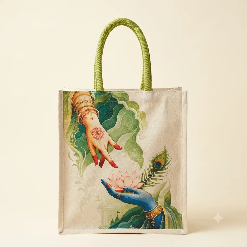 Radha Krishna divine hands with lotus printed canvas return gift bag Chennai