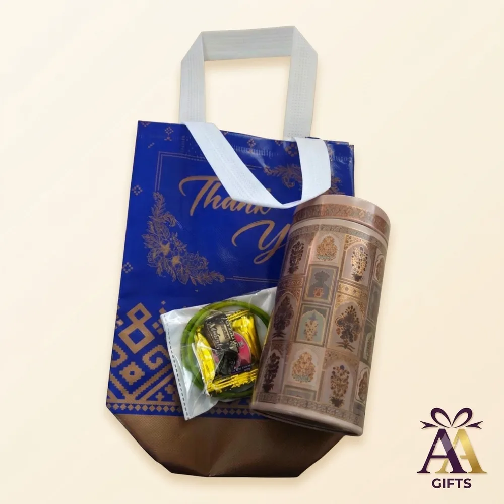 Royal blue thank you bag with antique mughal printed storage canister and bangles combo Chennai