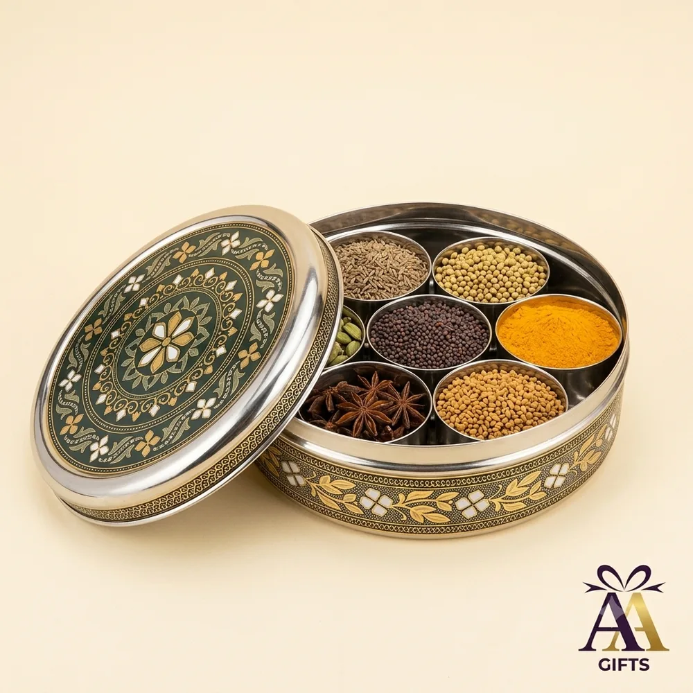 Royal green and gold meenakari stainless steel spice box masala dabba return gift Chennai