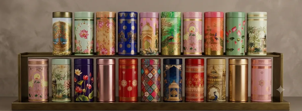 Royal Pichwai and Mughal heritage art printed stainless steel storage canisters return gifts Chennai