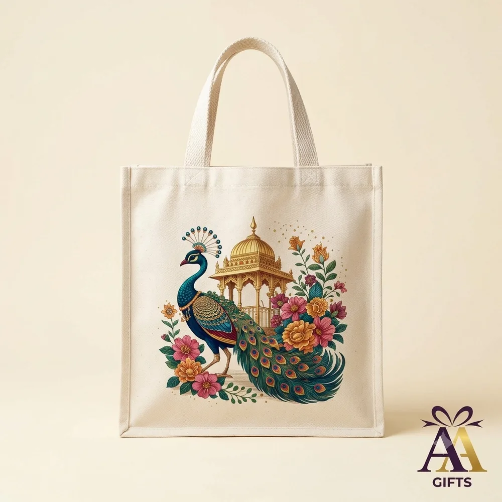 Royal peacock and golden jharokha printed canvas tote bag return gift Chennai