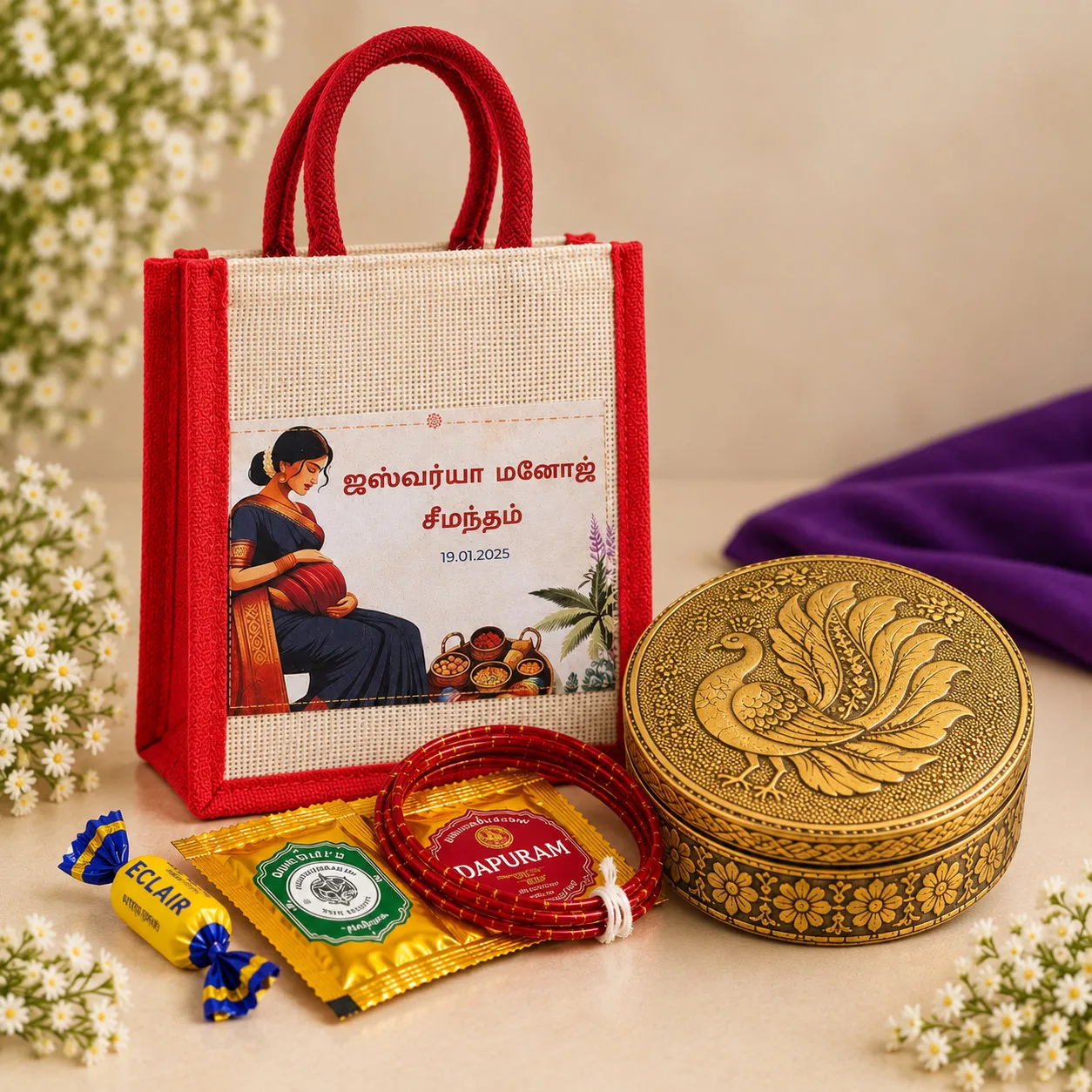 Seemantham Peacock Brass Box Combo for weddings, pooja favors, baby showers and festive gifting