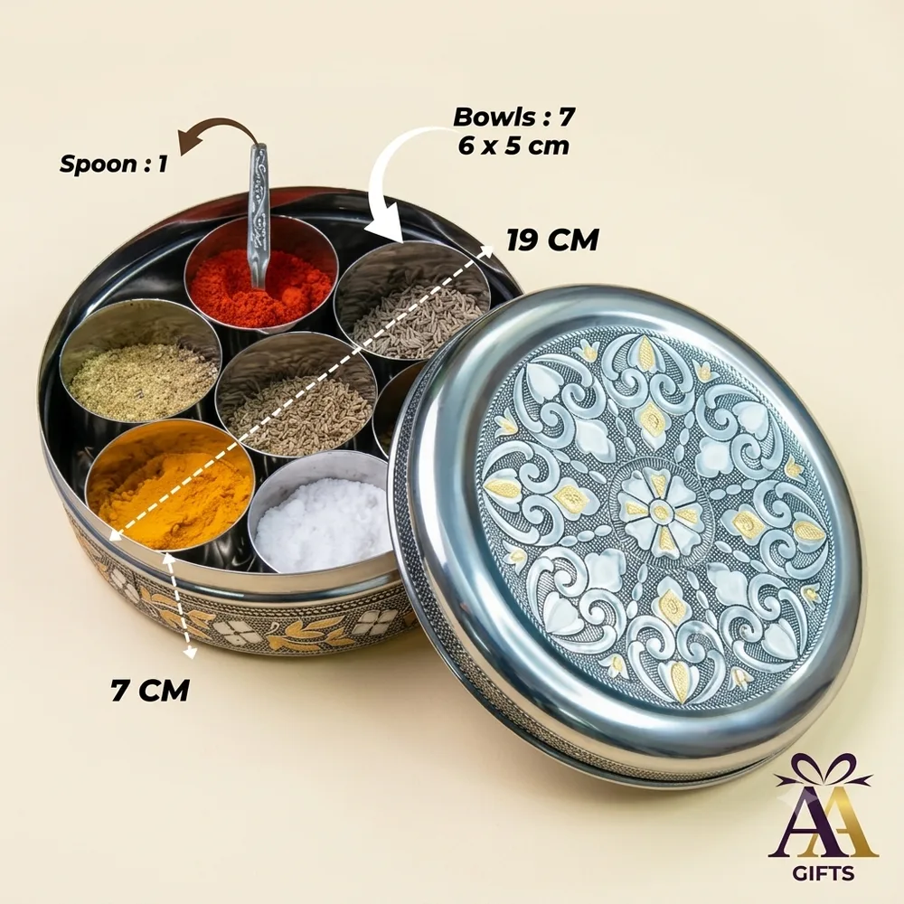 Seven compartment silver and gold floral engraved stainless steel masala box with spoon return gift Chennai