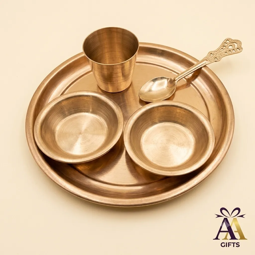 Complete brass pooja set with traditional utensils for Griha Pravesh return gifts