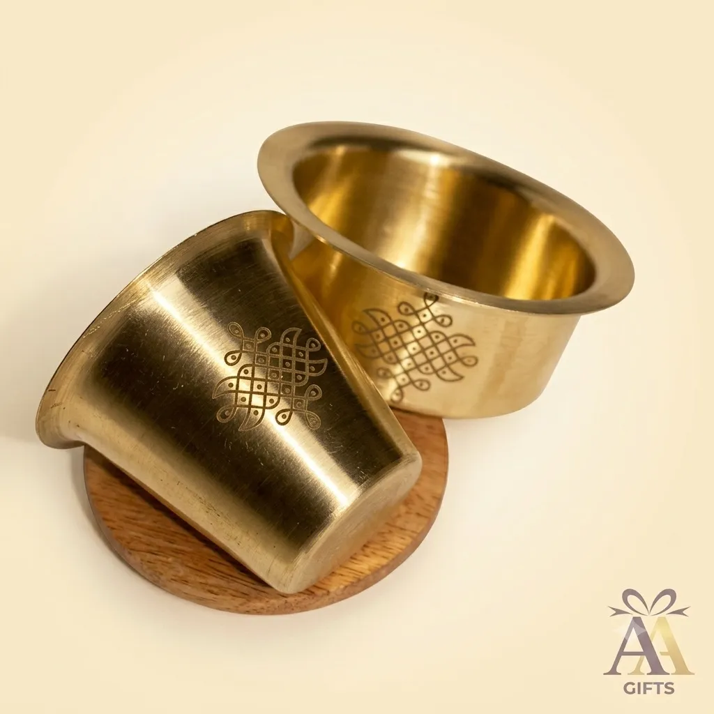 Engraved kolam pattern stainless steel dabara coffee set for housewarming gifts