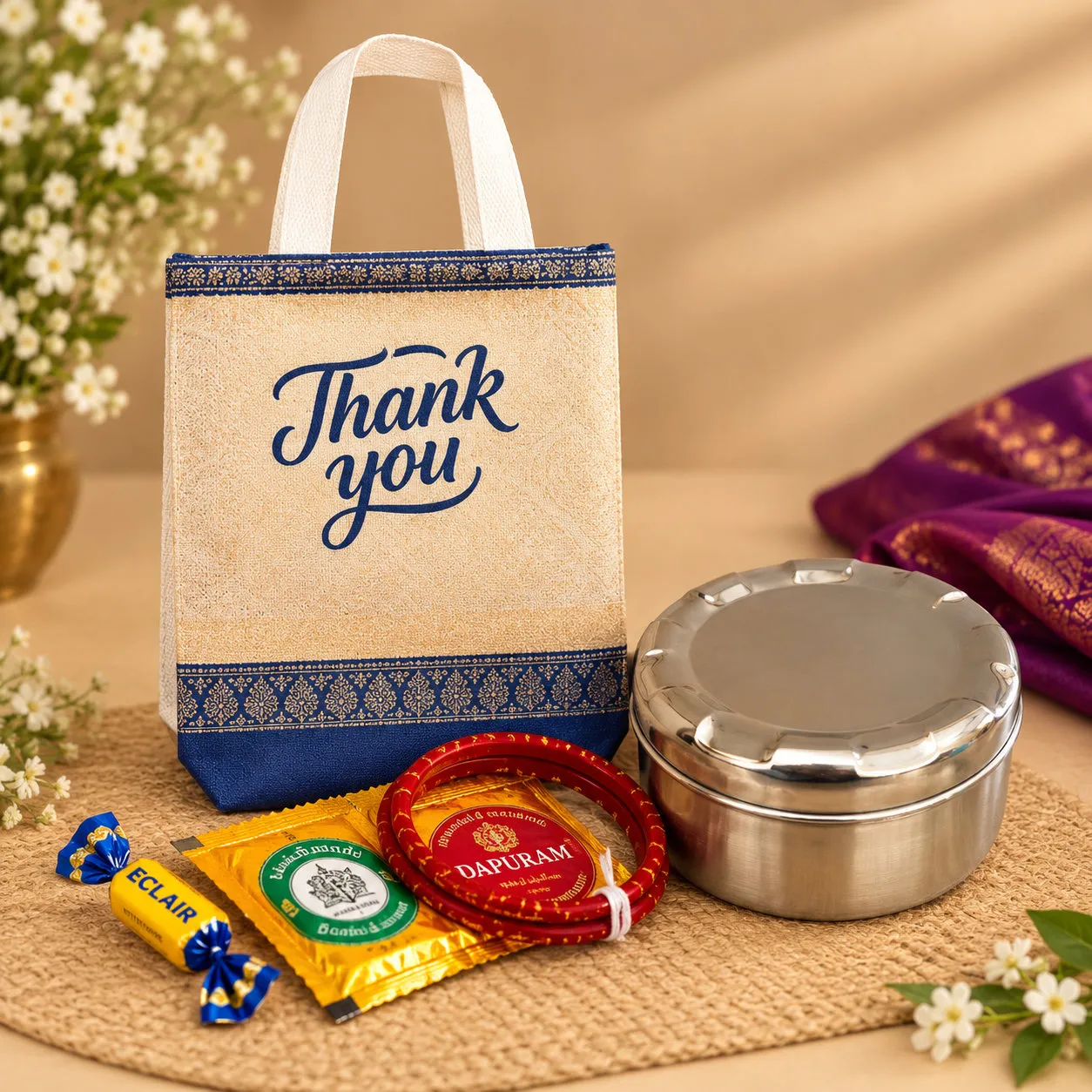 Stainless Steel Storage Container Combo for weddings, pooja favors, baby showers and festive gifting