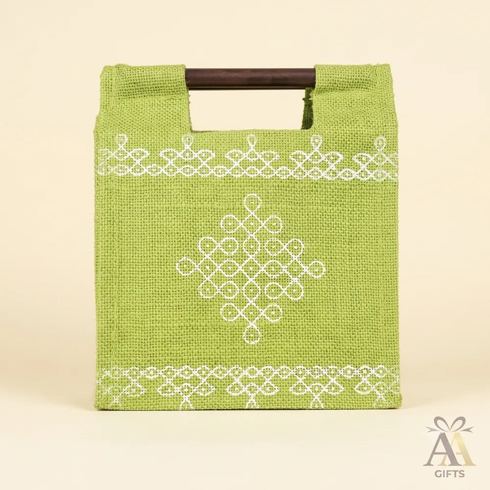 Traditional Kolam Print Green Jute Bag with Wooden Handle return gifts Chennai