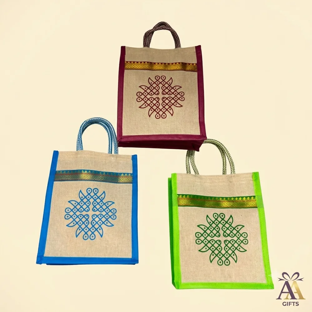 Traditional kolam printed jute thamboolam bag set return gifts Chennai