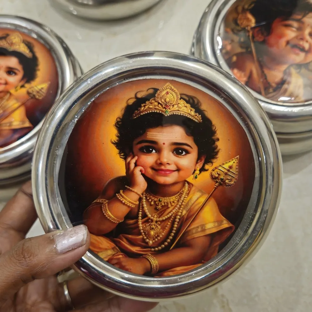 Traditional kolam printed stainless steel sweet box for festival gifting