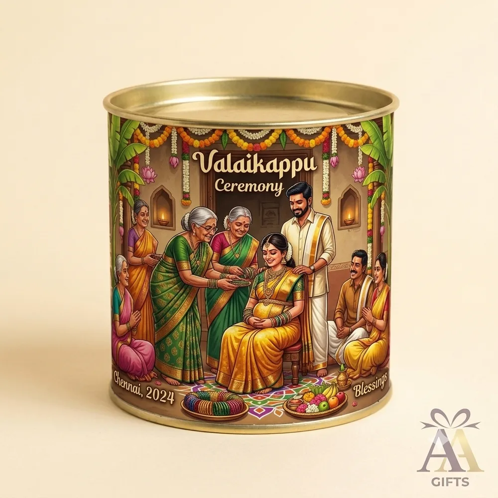 Traditional Valaikappu baby shower coin bank tin return gift in Chennai