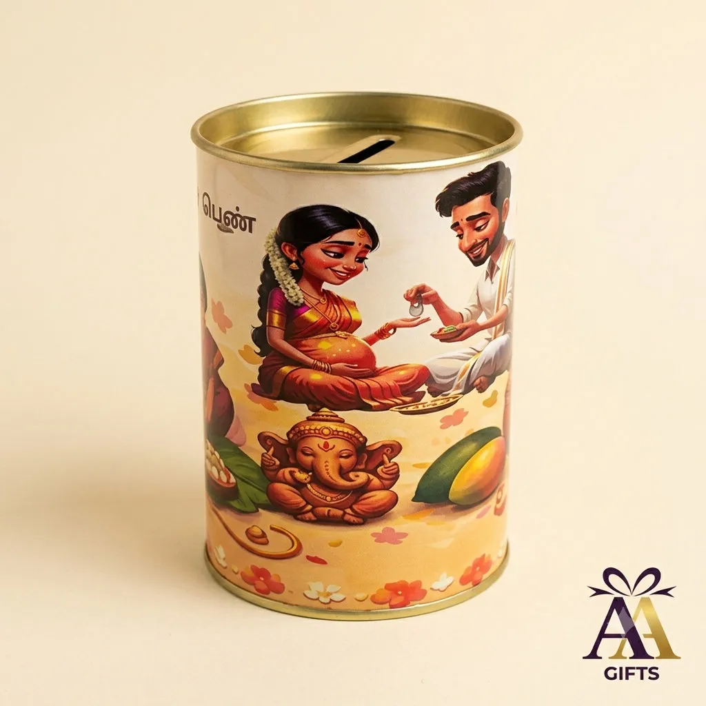 Valaikappu Printed Coin Storage Tin for weddings, pooja favors, baby showers and festive gifting
