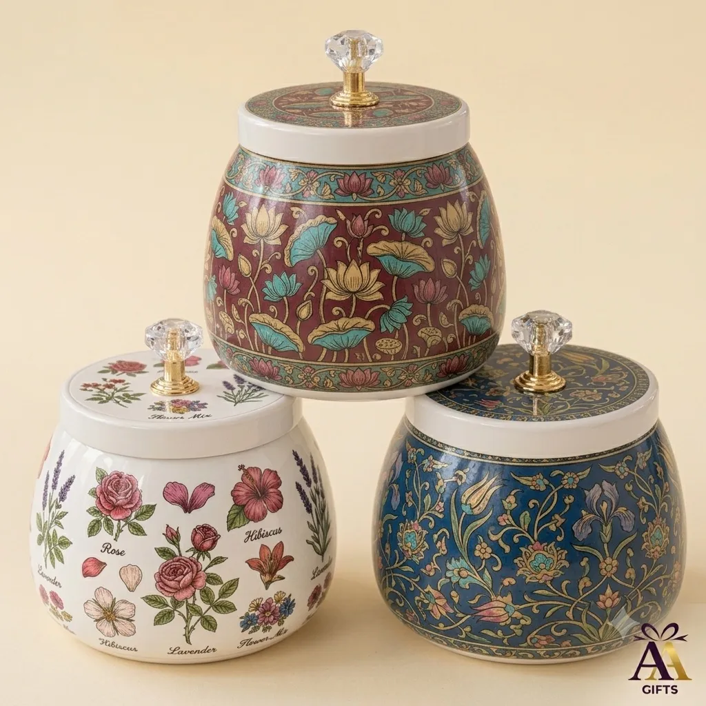 Vintage botanical print ceramic jars set for housewarming return gifts