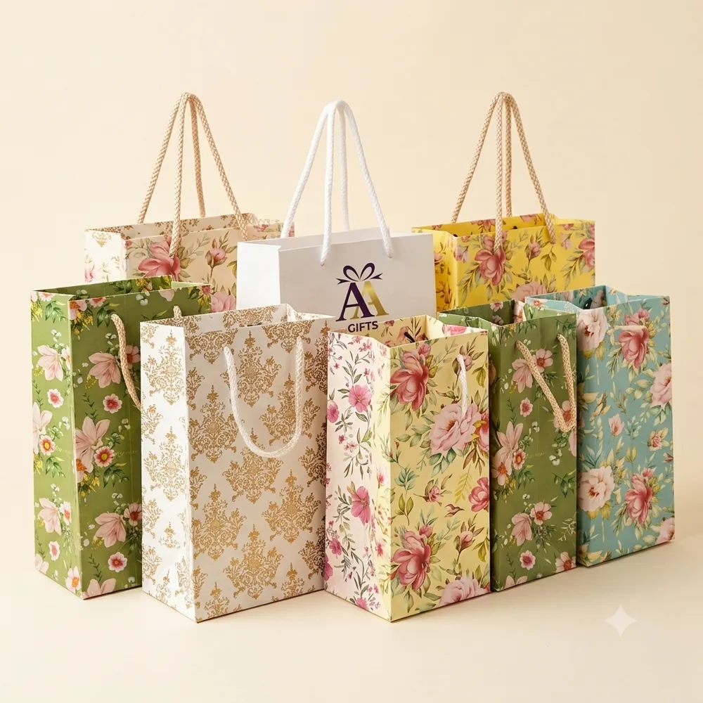 Vintage floral and royal gold damask printed return gift bags with rope handles Chennai