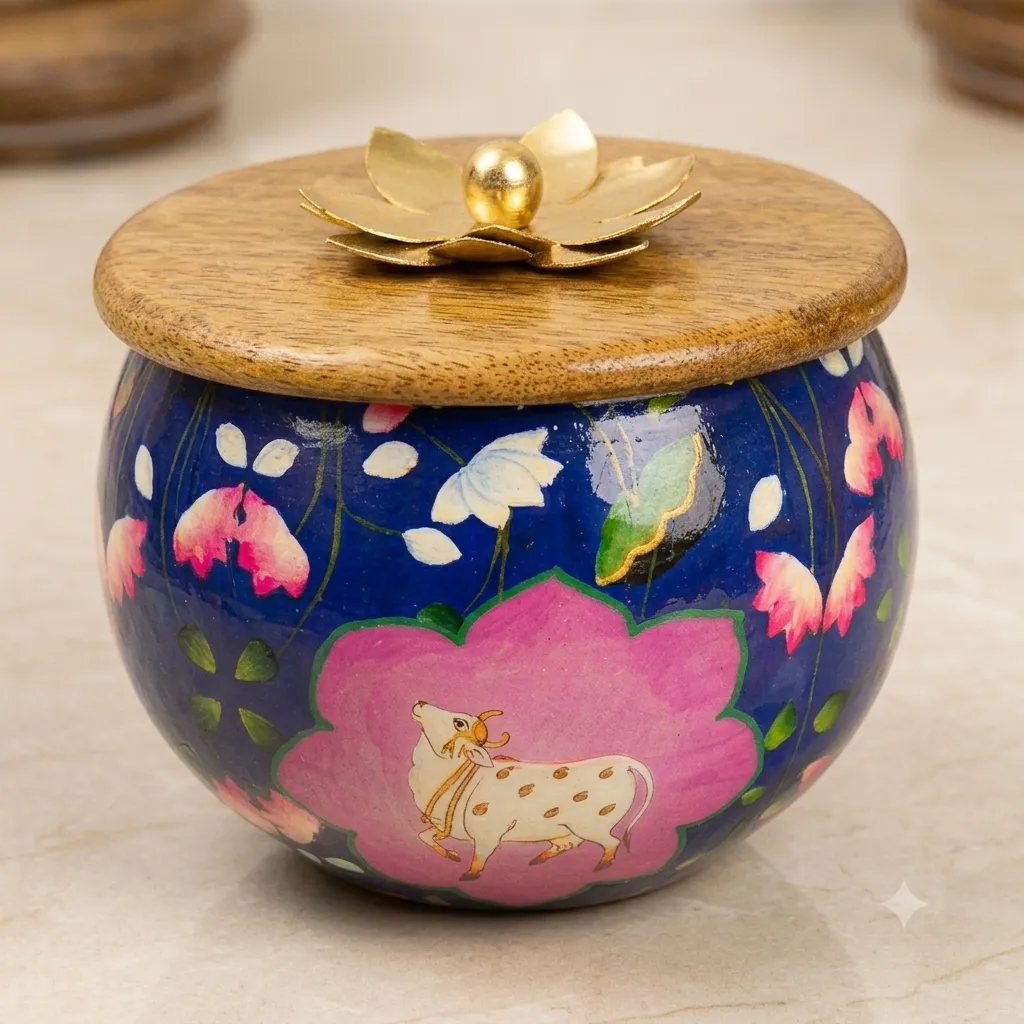 Metal bowl with natural wooden lid and Pichwai artwork for housewarming gifts