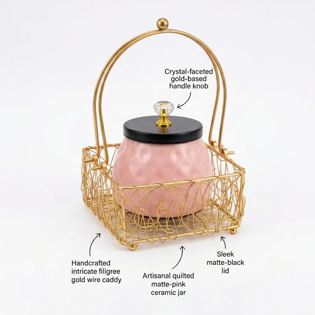 Pastel pink jar nestled in gold wire hamper basket for baby shower favors